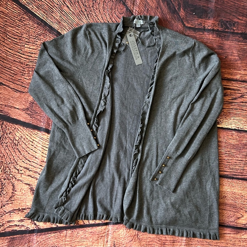 JOSEPH A Women Charcoal Gray Ruffle‎ Long Sleeve Open Front Cardigan Sweater L